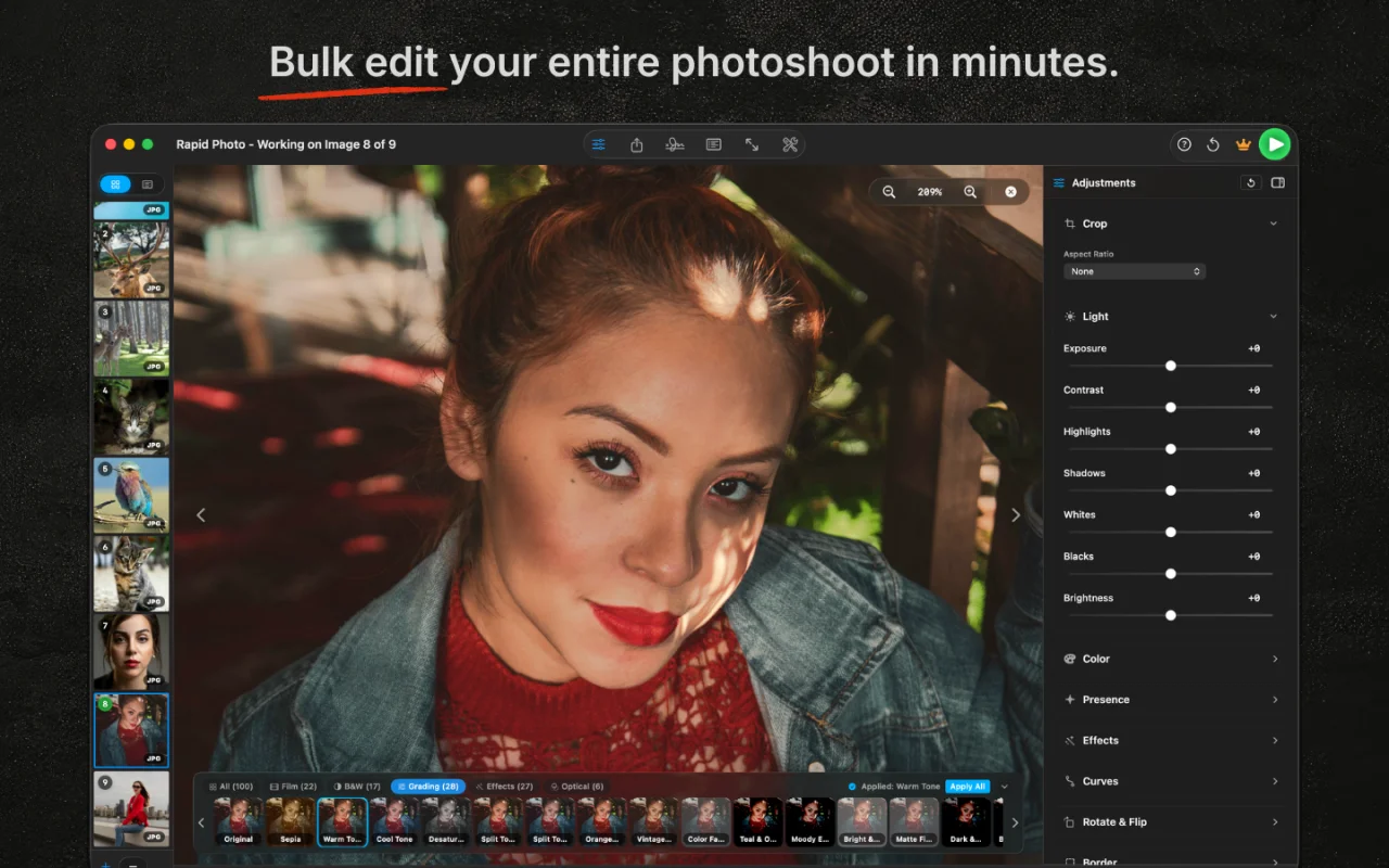 RapidPhoto bulk editor with full adjustments panel applied to a portrait shoot