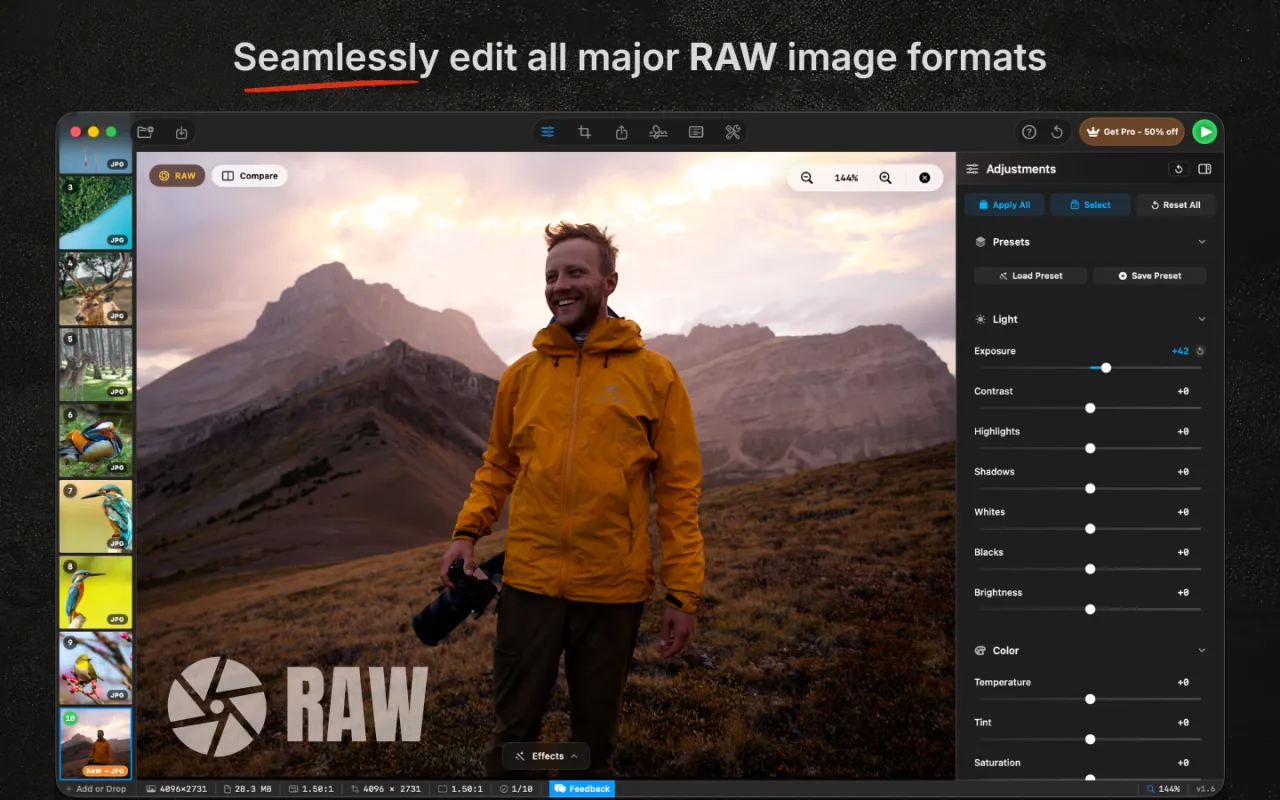 A RAW landscape file open in RapidPhoto with the full Light and Color adjustments panel