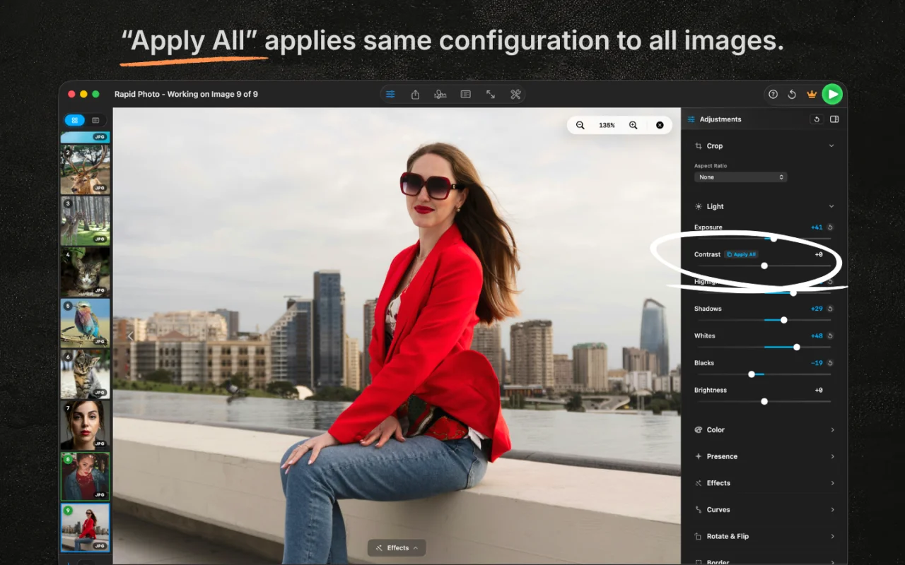 RapidPhoto Apply All feature pushing adjustments from one image to the whole batch
