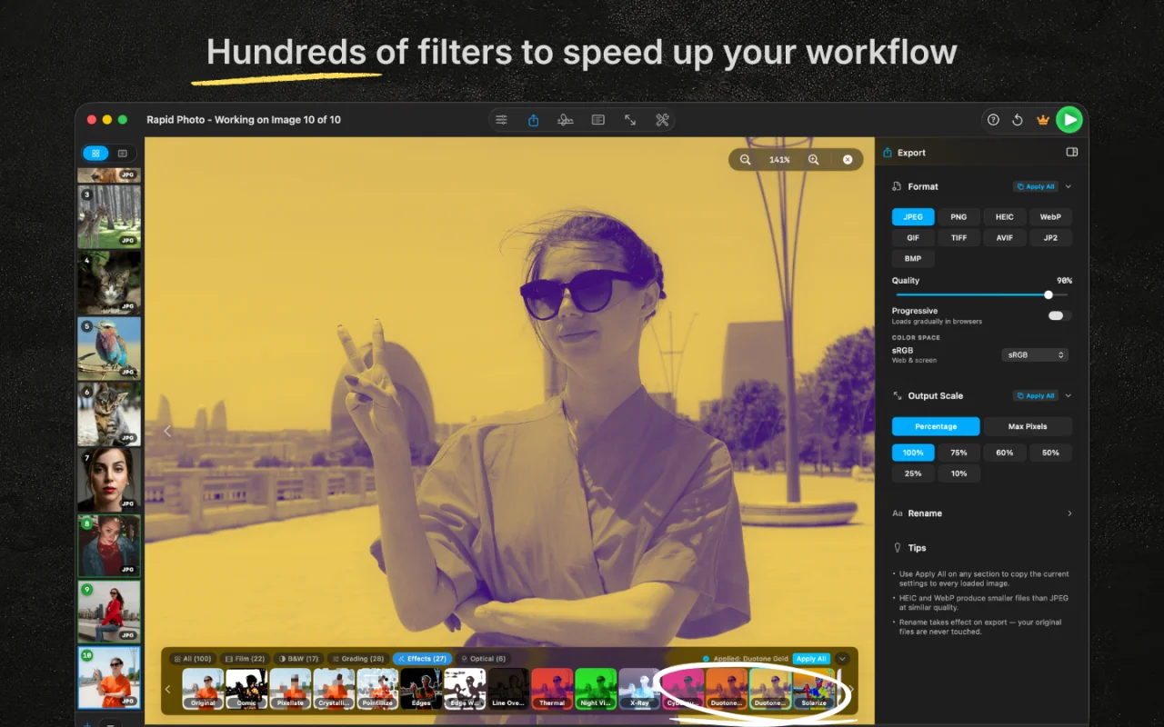 RapidPhoto filter strip showing 100+ film stocks and creative presets