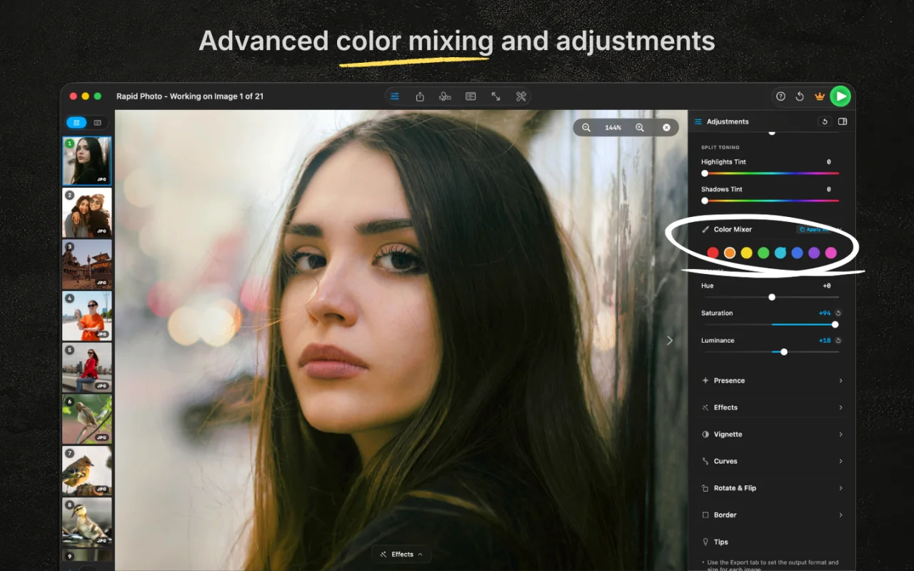 RapidPhoto color mixer and advanced adjustments panel on a portrait