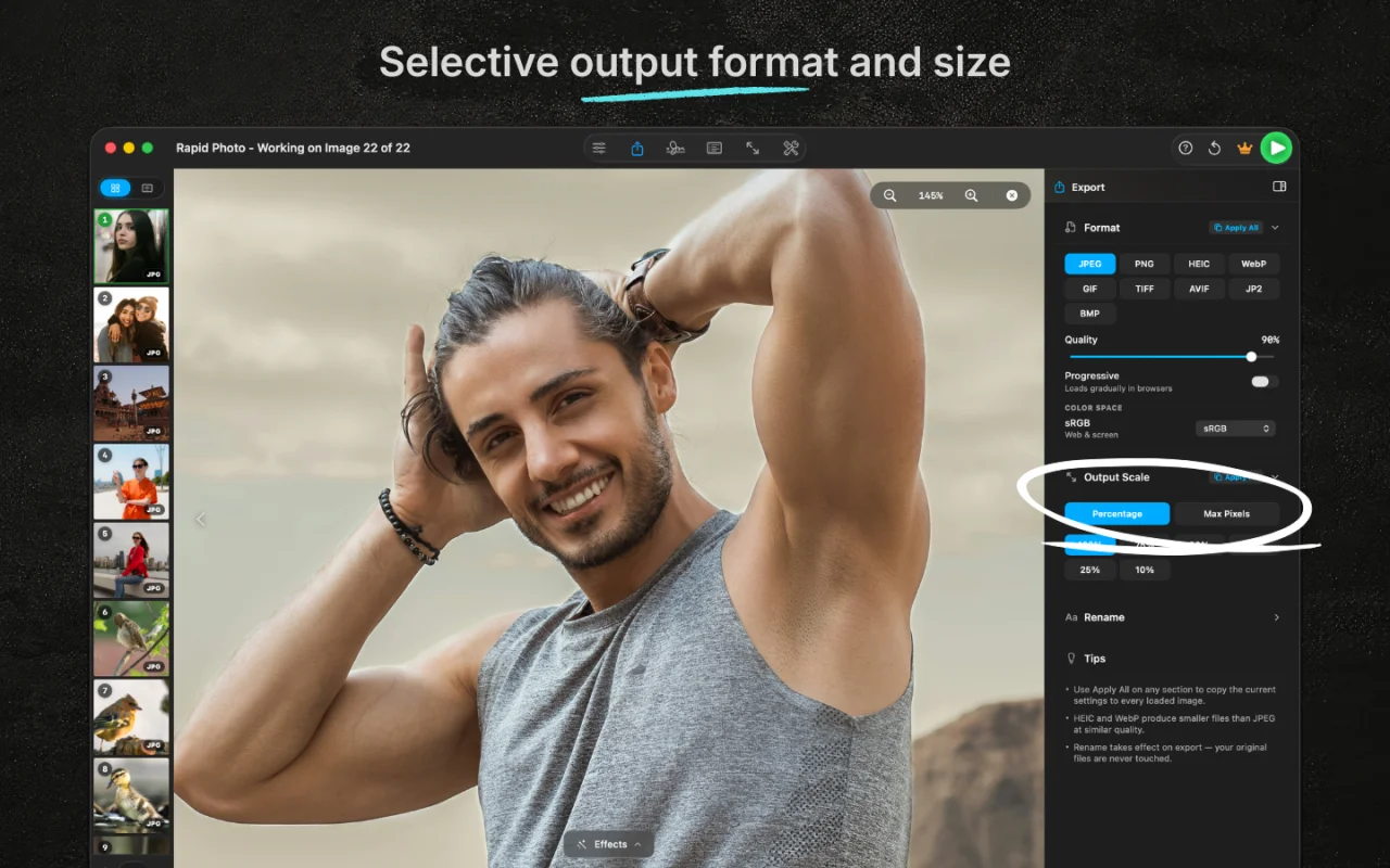 RapidPhoto export panel showing 9 output formats and scaling controls