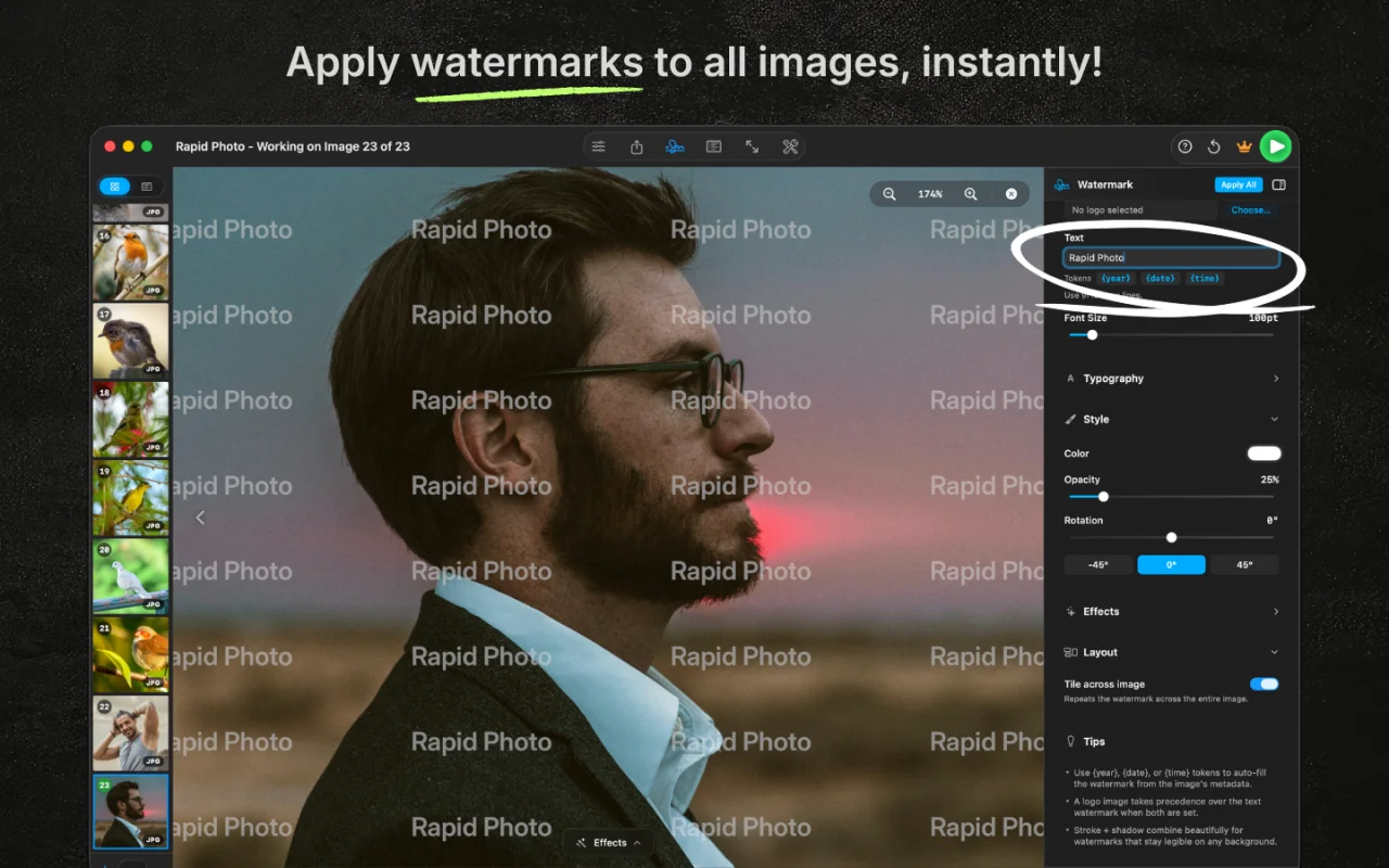 RapidPhoto watermarking feature tiling a repeating watermark across a photo