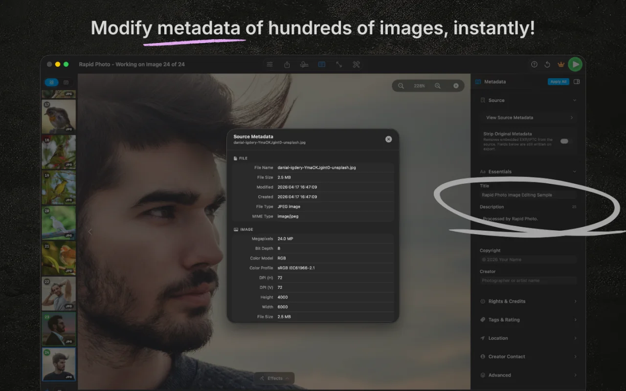 RapidPhoto metadata inspector showing IPTC and EXIF fields for bulk editing