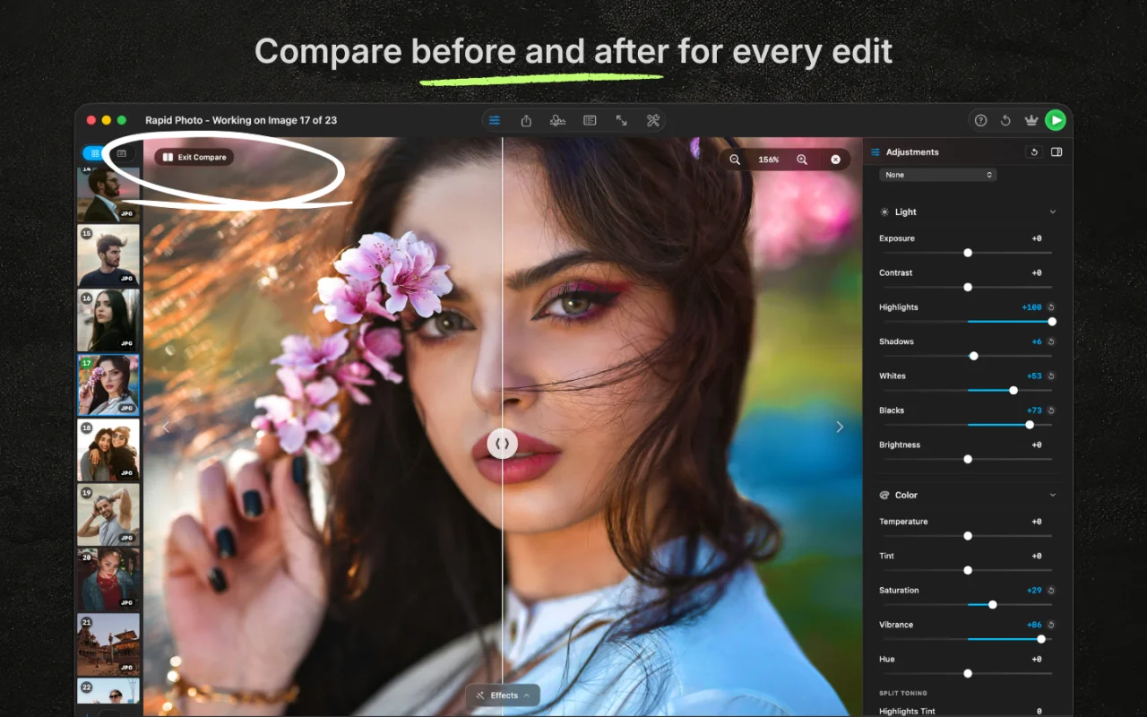 RapidPhoto before and after split view on an edited portrait