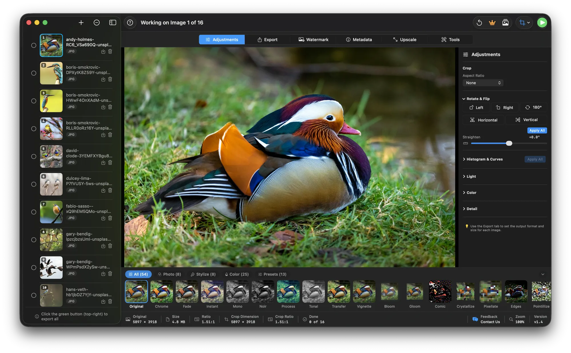 RapidPhoto adjustments panel showing a mandarin duck photo being edited