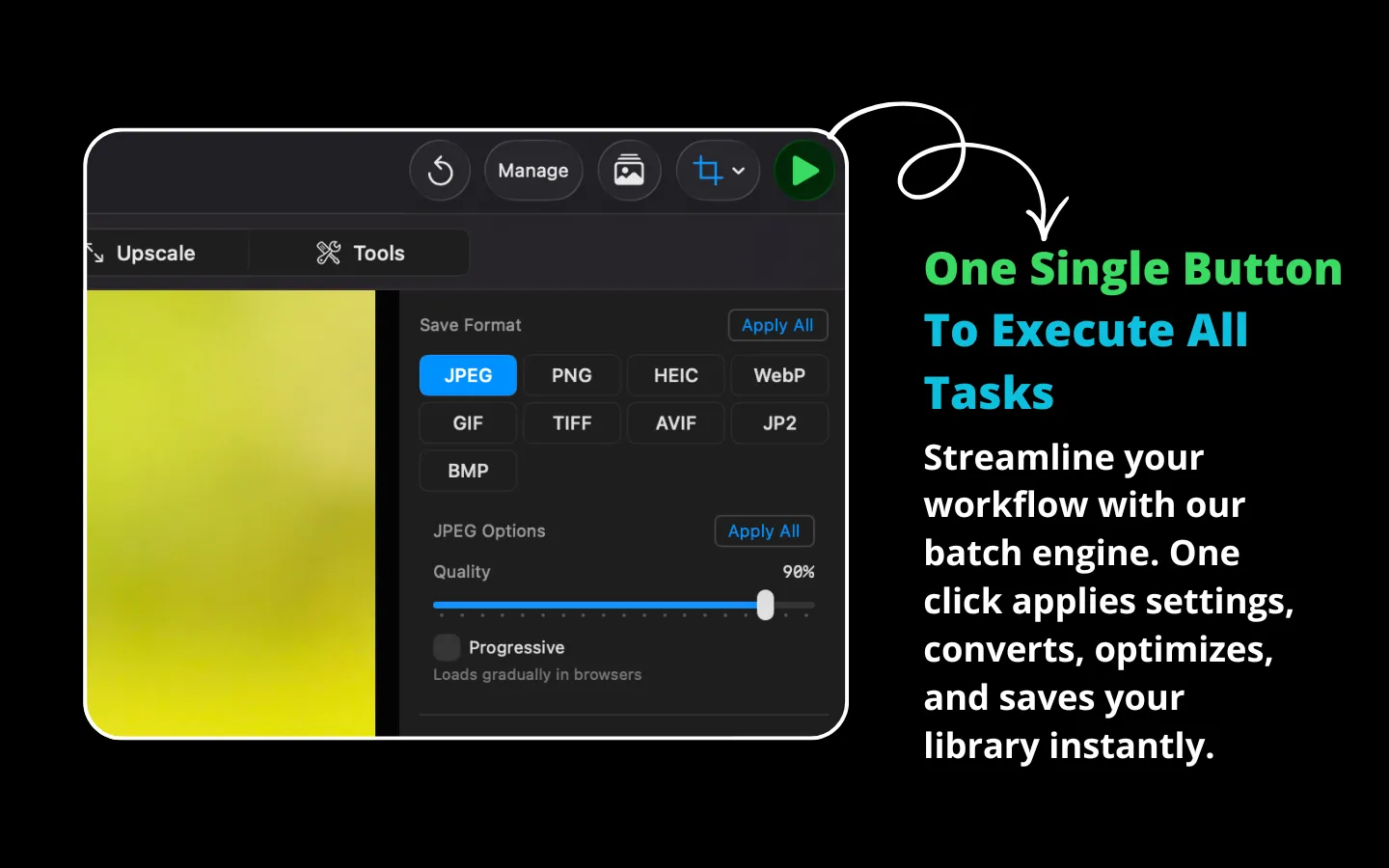 RapidPhoto export panel showing 9 format options including WebP, AVIF, and HEIC