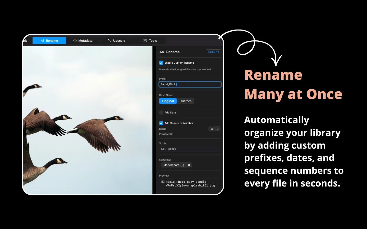 RapidPhoto batch rename panel with prefix, date, and sequence number options