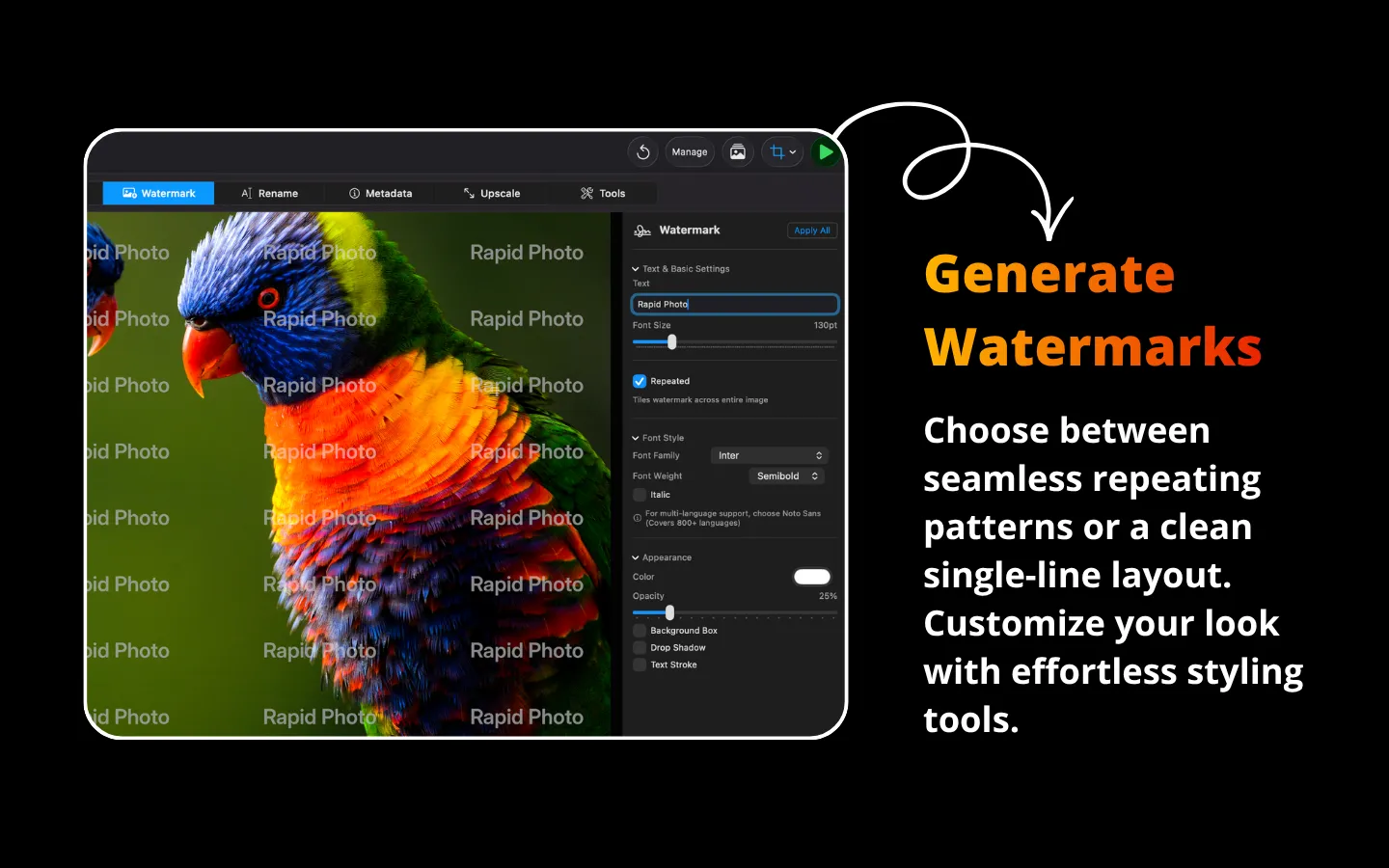 RapidPhoto watermarking feature showing repeating watermark pattern on a photo